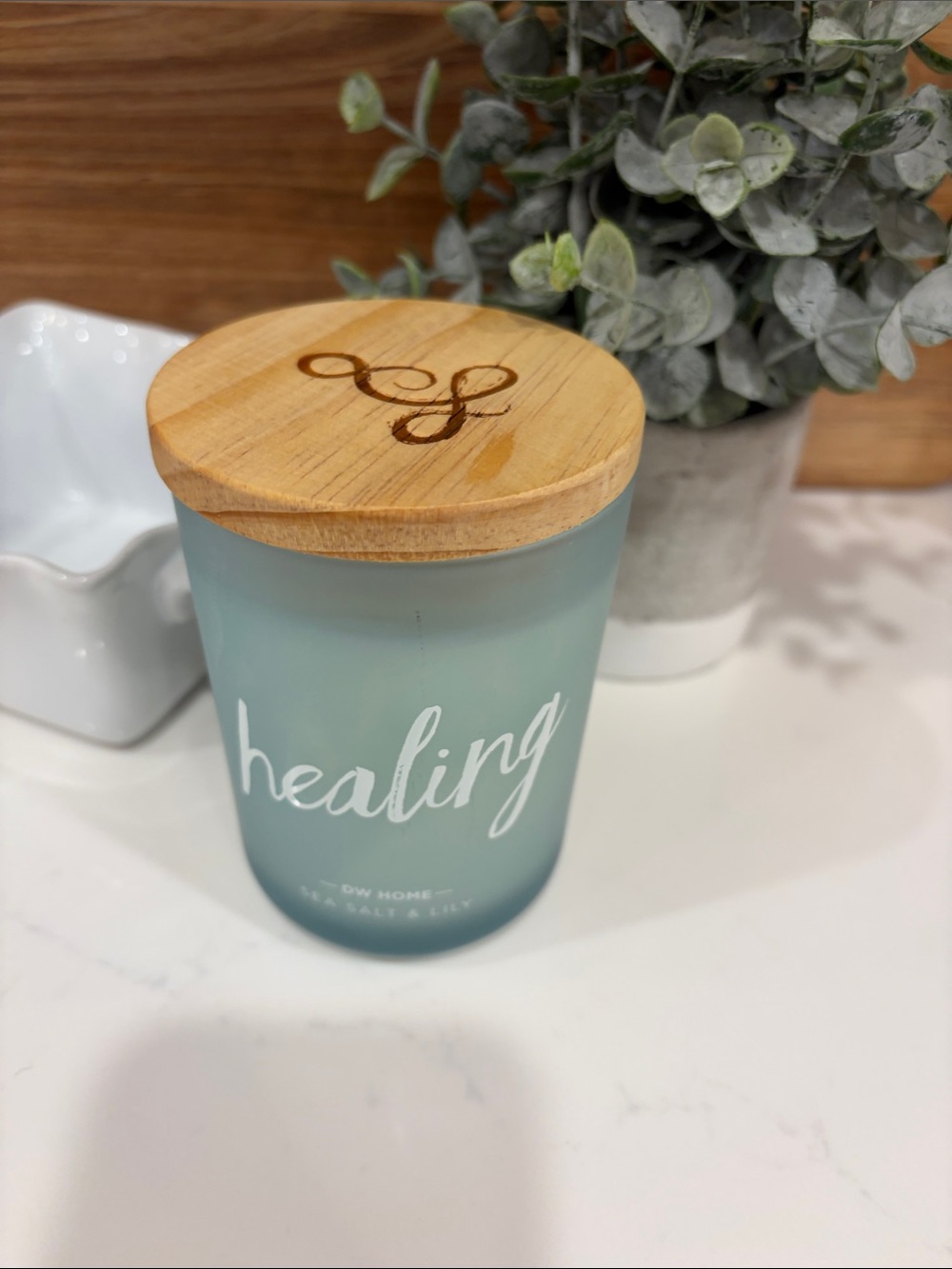 DW Home Frosted Aqua Glass Candle with Wooden Lid